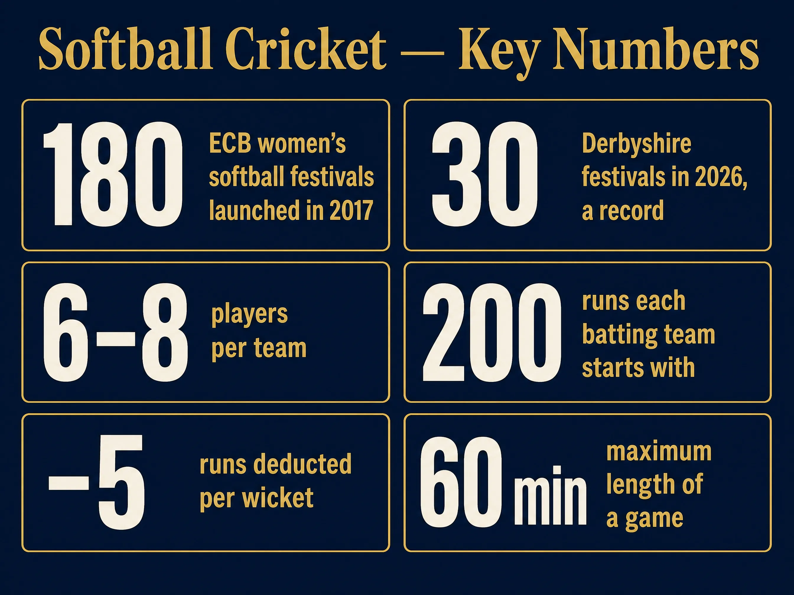 What is softball cricket key numbers: 180 ECB festivals in 2017, 30 Derbyshire festivals in 2026, 6–8 players, 200-run start, minus 5 per wicket, 60-minute games